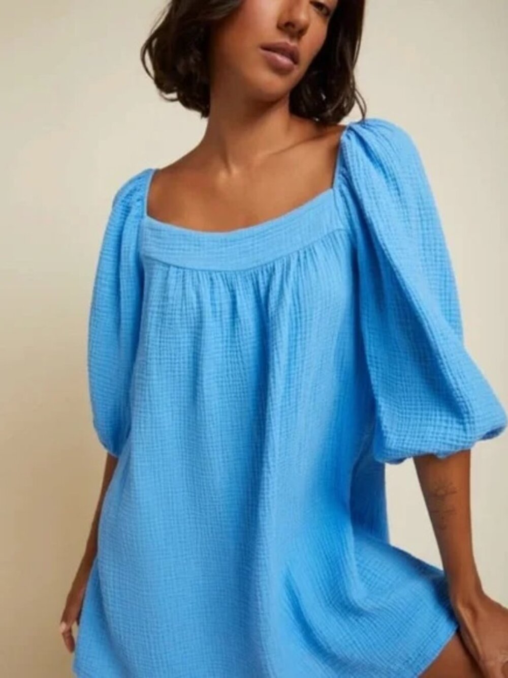 Nation LTD Carter Square Neck Mini Dress – Blue – Large – Puff Sleeve